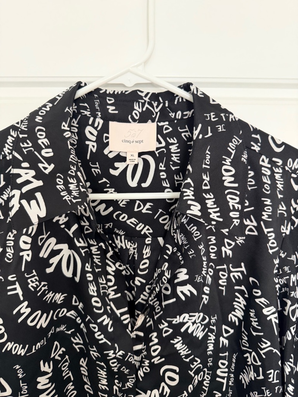 cinq a sept Black with White Script Ruffled Blouse - Picture 2 of 6